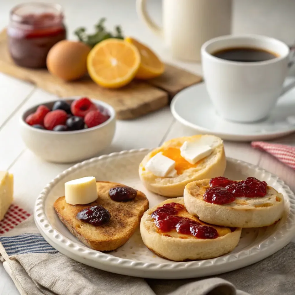Sourdough English Muffins served toasted with butter and jam