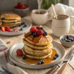 Sourdough discard pancakes stacked with syrup and berries