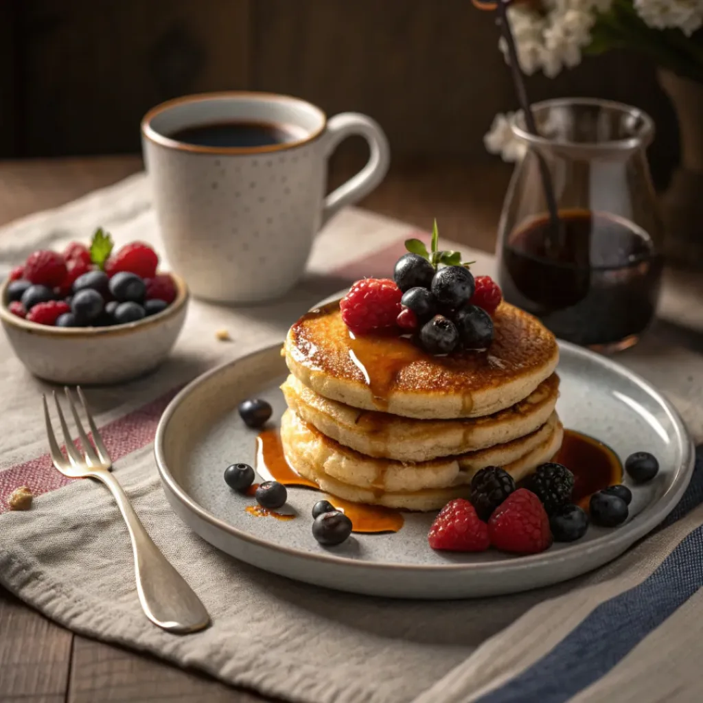 Sourdough Discard Pancakes served with syrup and coffee