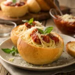 Spaghetti served in a garlic bread bowl with melted cheese