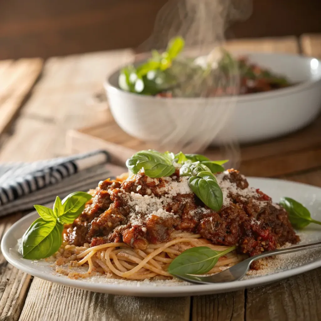Plate of spaghetti topped with homemade meat sauce and basil.