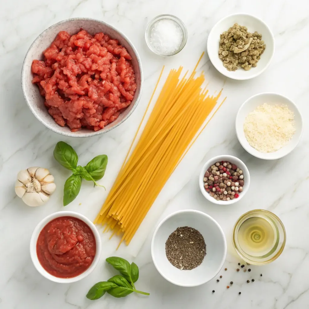 Spaghetti Meat Sauce – Rich, Hearty & Family-Friendly 6 Flat lay of all ingredients needed to make spaghetti with meat sauce.