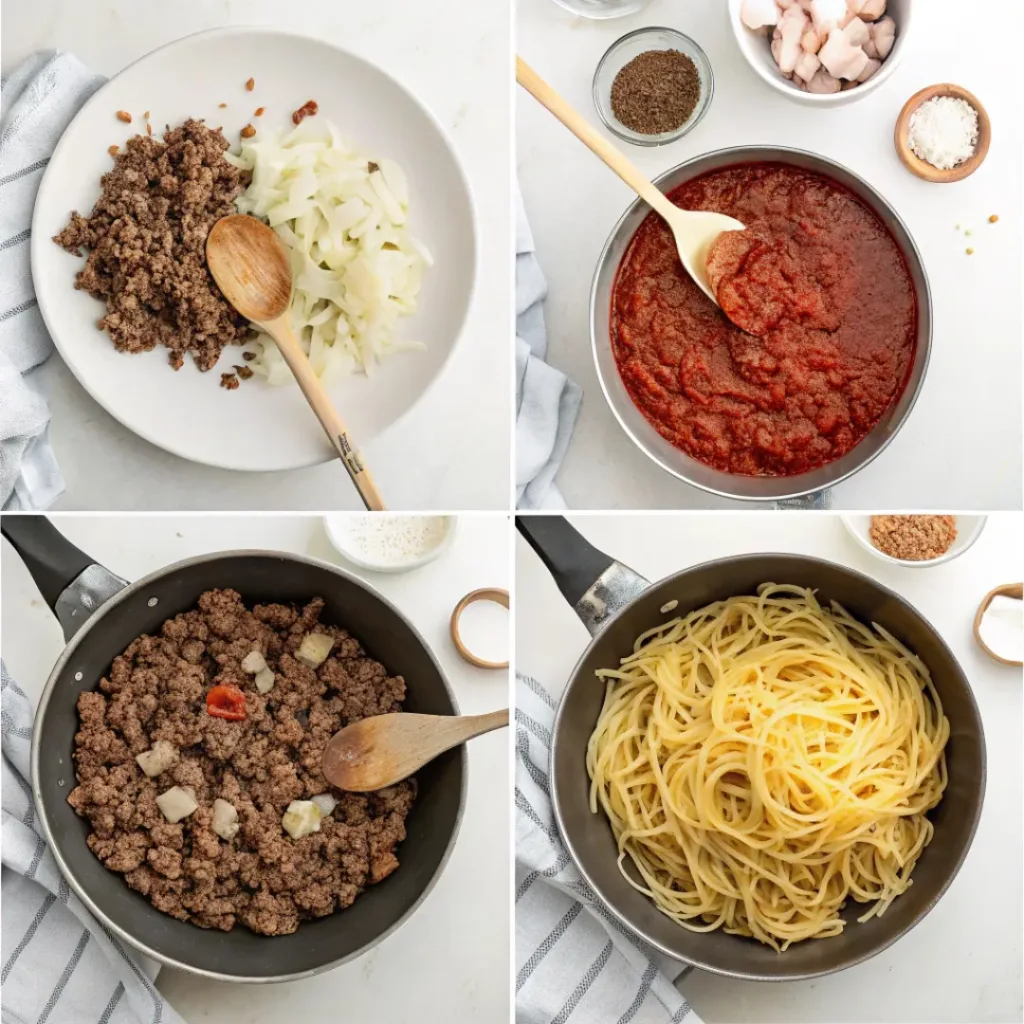 Spaghetti Meat Sauce – Rich, Hearty & Family-Friendly 7 Four-step collage showing how to make spaghetti meat sauce.