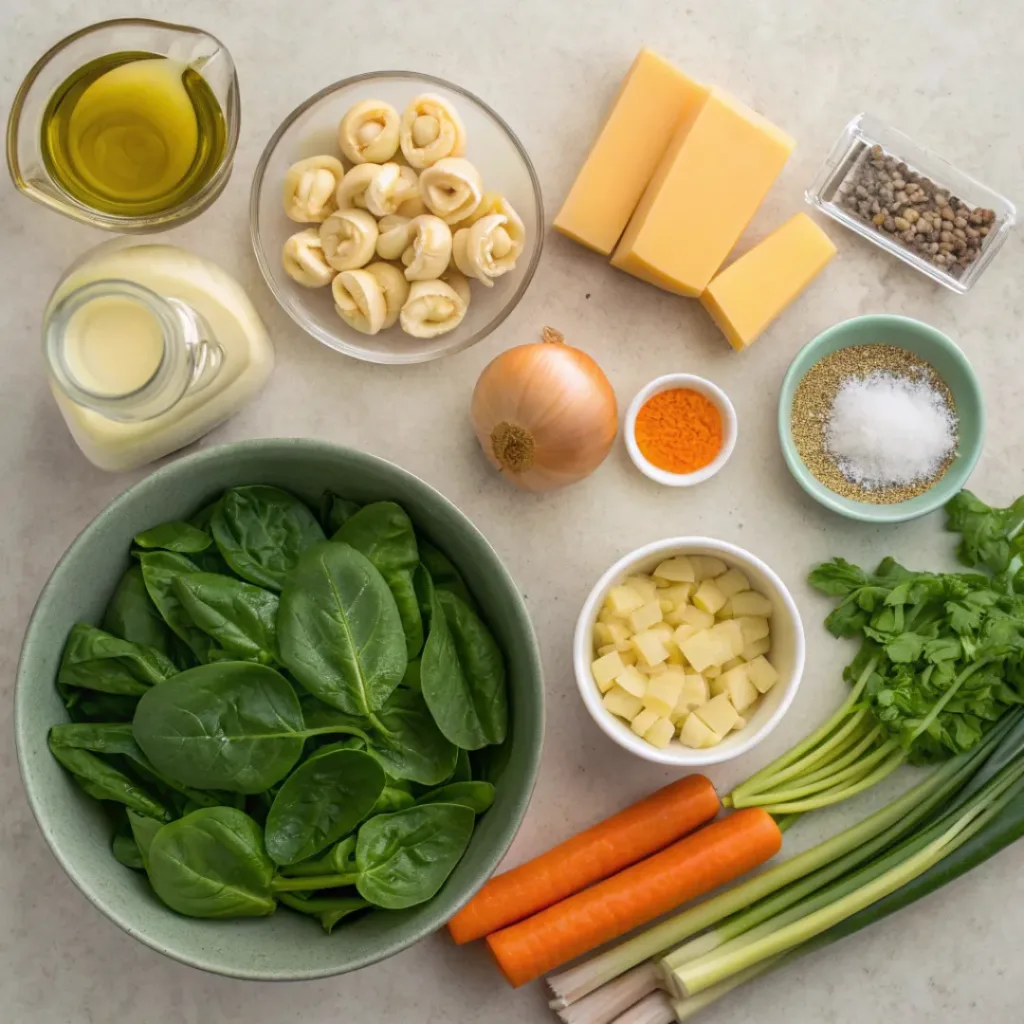 Spinach Tortellini Soup ingredients flat lay
