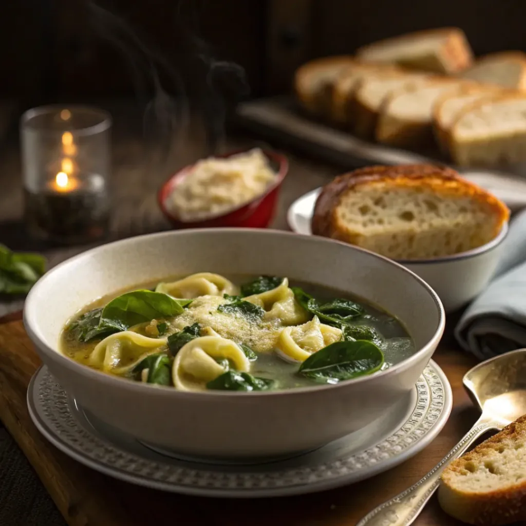 Spinach Tortellini Soup served with bread
