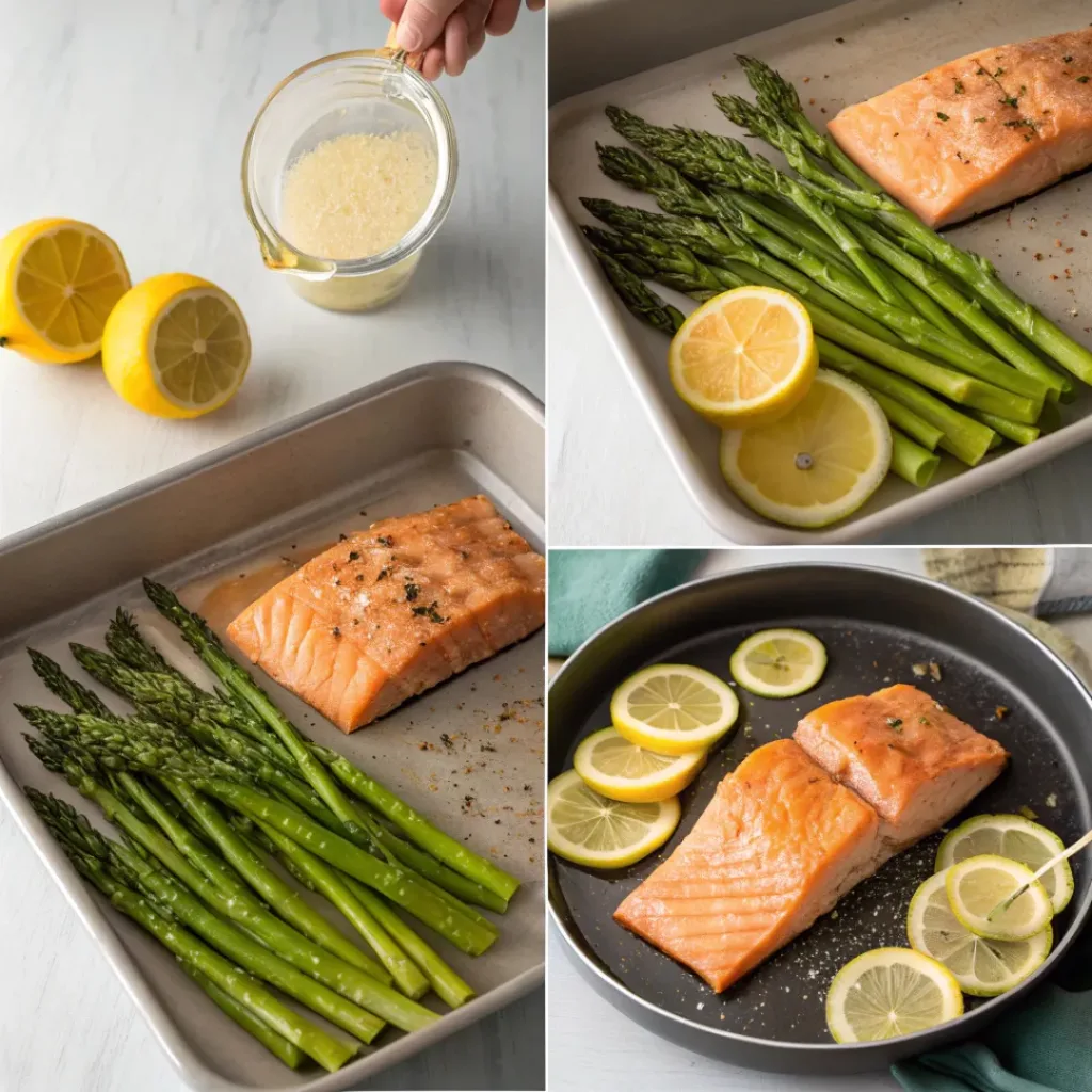 Step-by-step collage showing baked salmon and asparagus preparation