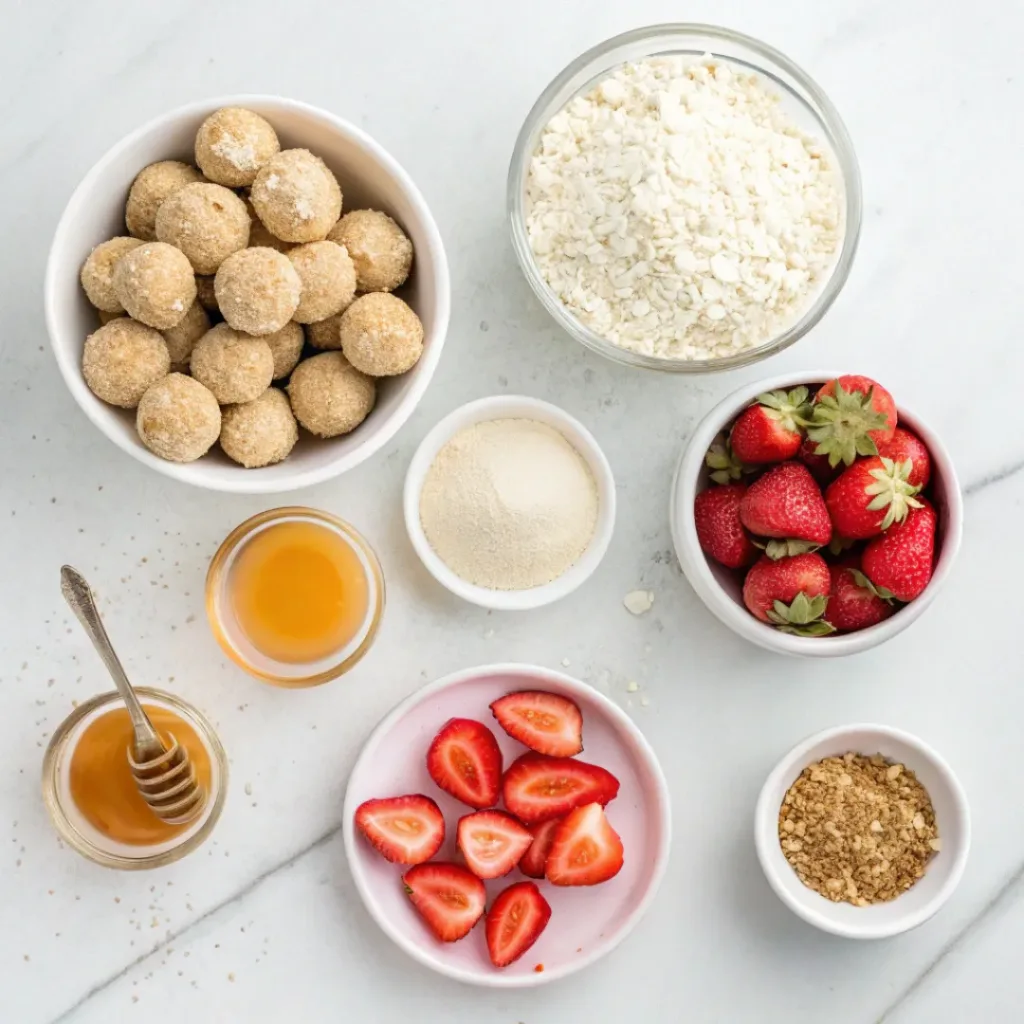 Strawberry cheesecake protein balls ingredients flat lay