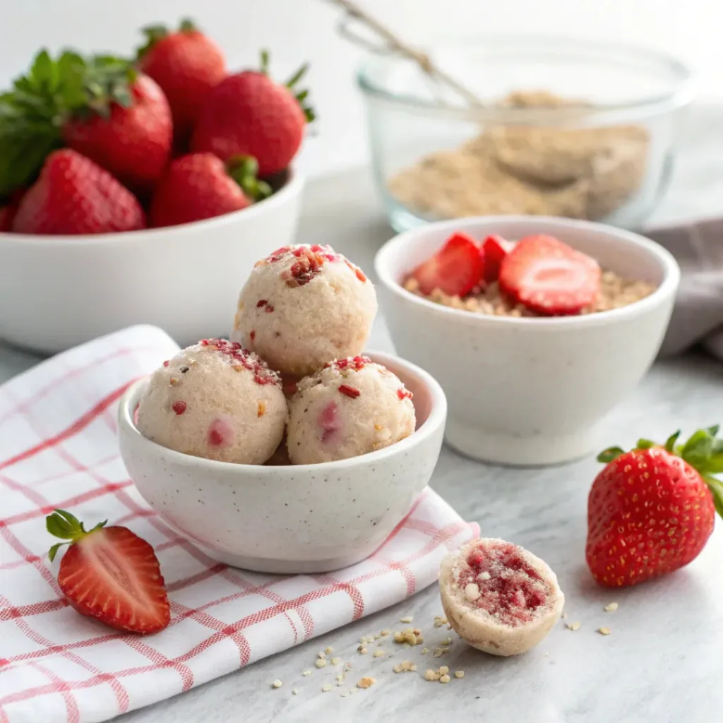 Strawberry cheesecake protein balls served with fresh strawberries