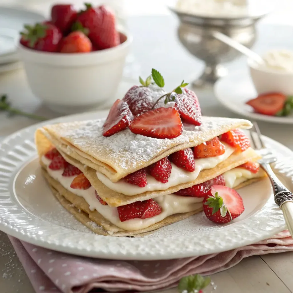 Strawberry Cream Crepes with fresh strawberries and cream