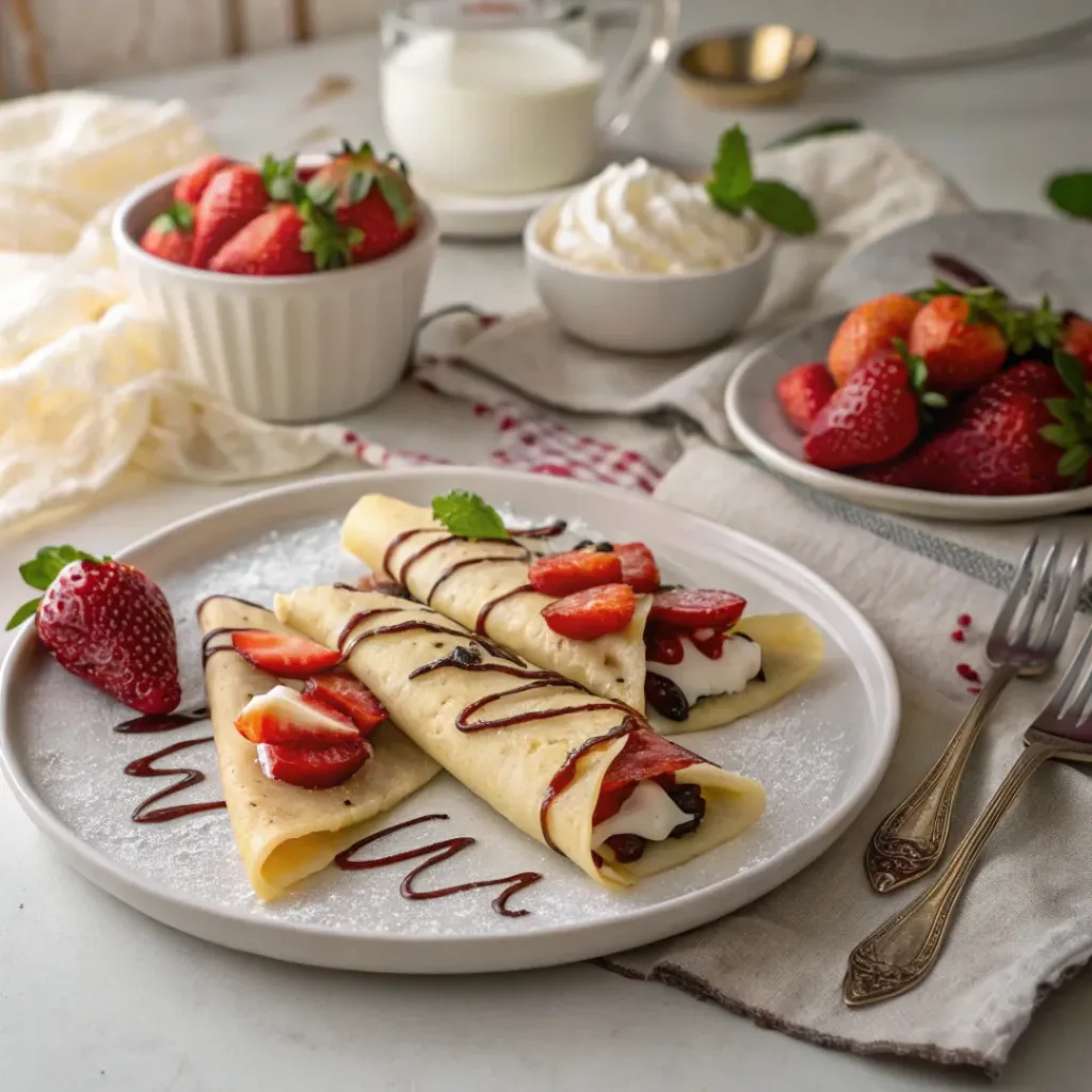 Strawberry Cream Crepes served on a plate with fresh strawberries
