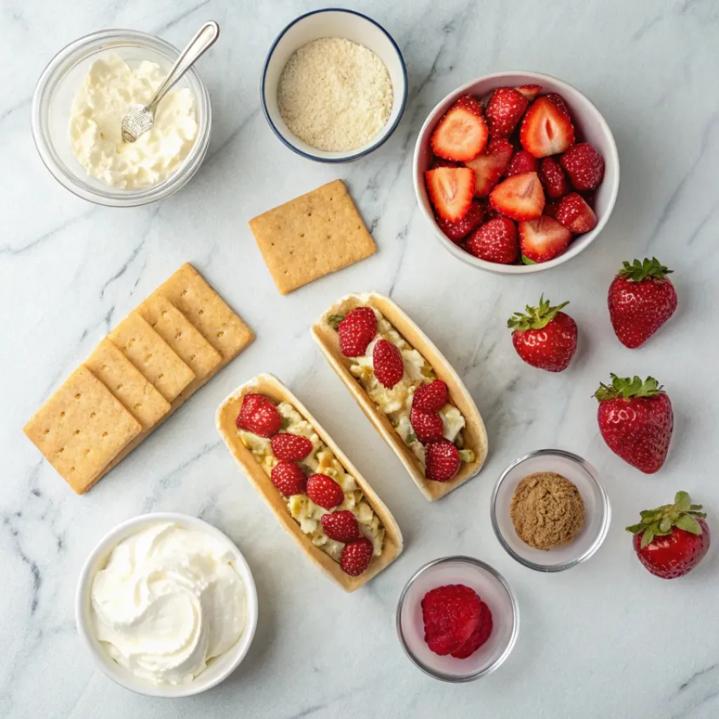 Flat lay of ingredients for strawberry crunch cheesecake tacos