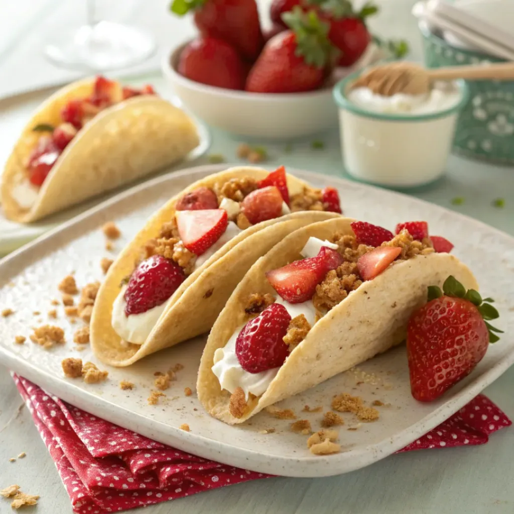 Strawberry Crunch Cheesecake Tacos served with strawberry sauce