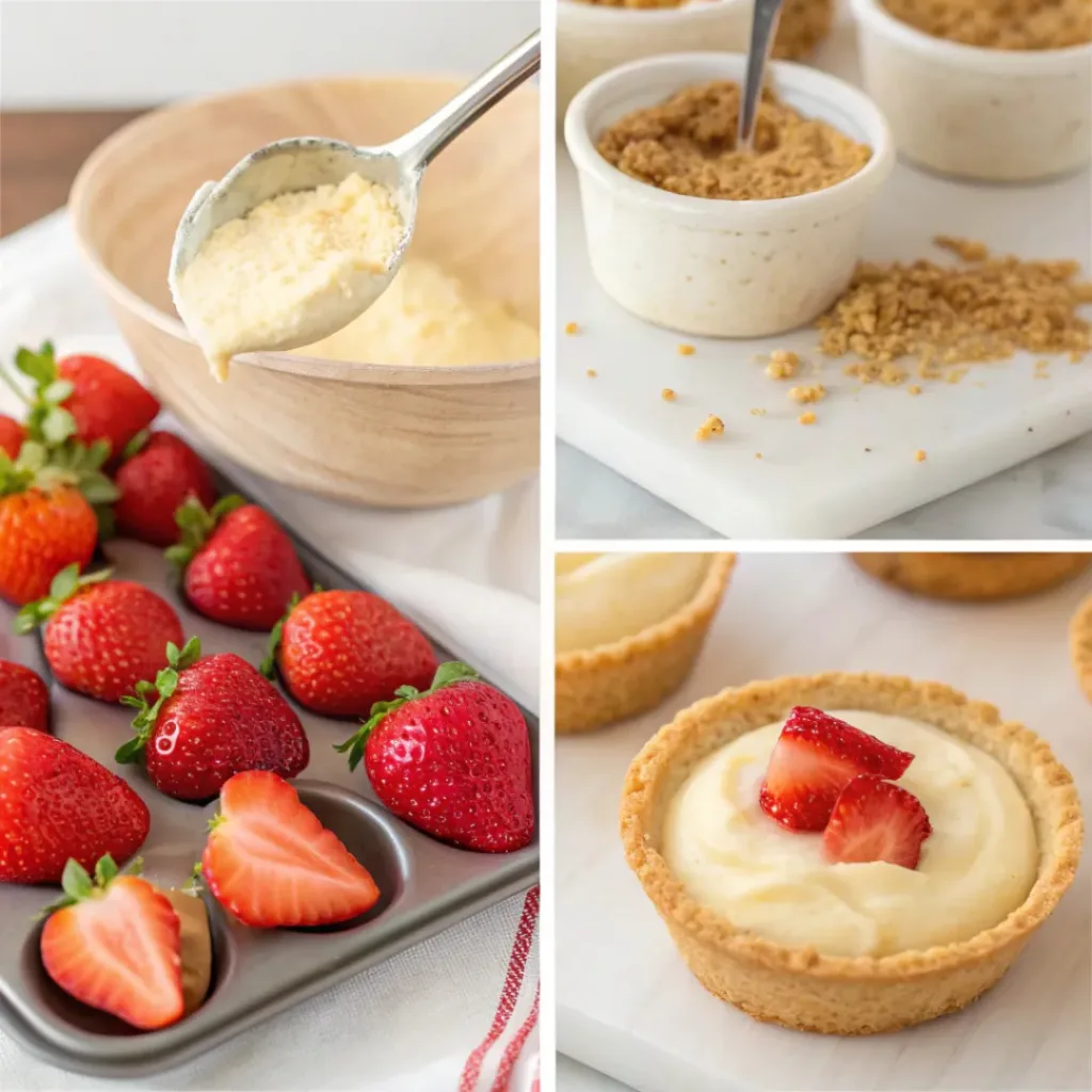 Step-by-step collage of making strawberry crunch cheesecake tacos