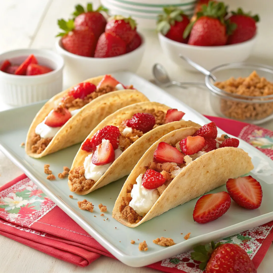 Strawberry Crunch Cheesecake Tacos on a plate
