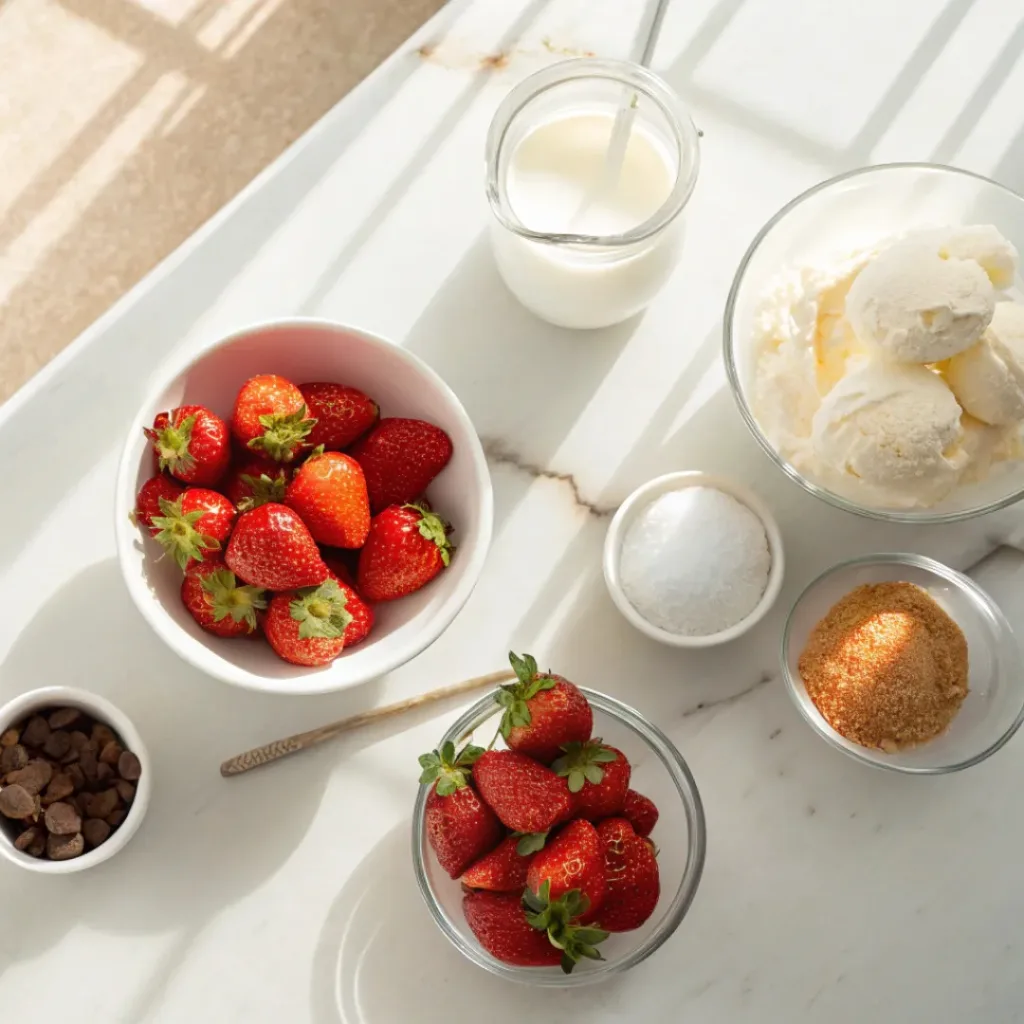 Strawberry Milkshake ingredients flat lay