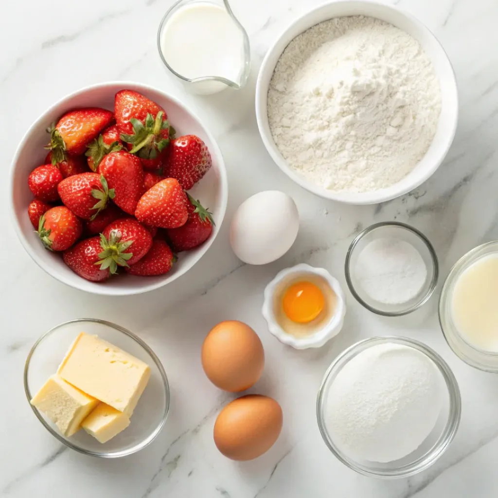 Strawberry Pancakes with Whipped Cream – Fluffy & Fresh 6 Flat lay of ingredients for strawberry pancakes with whipped cream