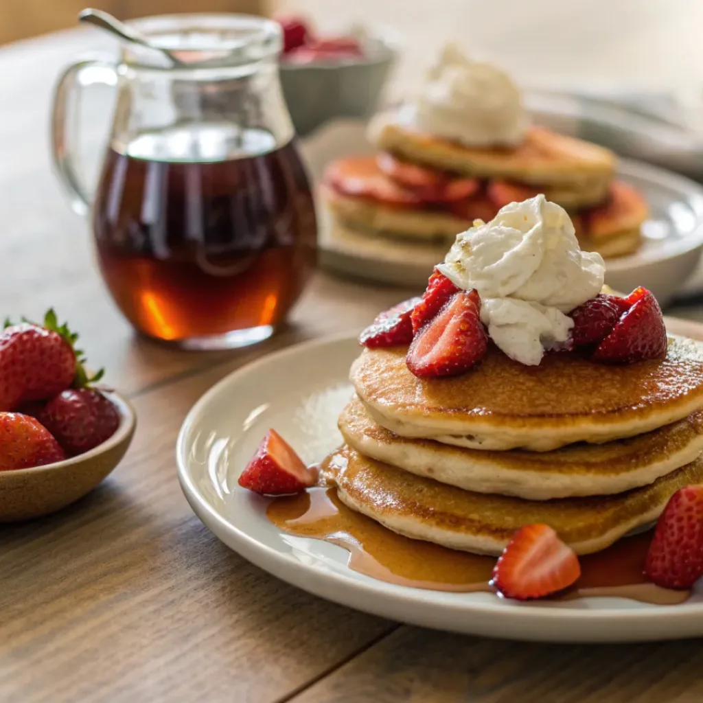 Strawberry Pancakes with Whipped Cream – Fluffy & Fresh 8 Strawberry pancakes served with whipped cream and syrup