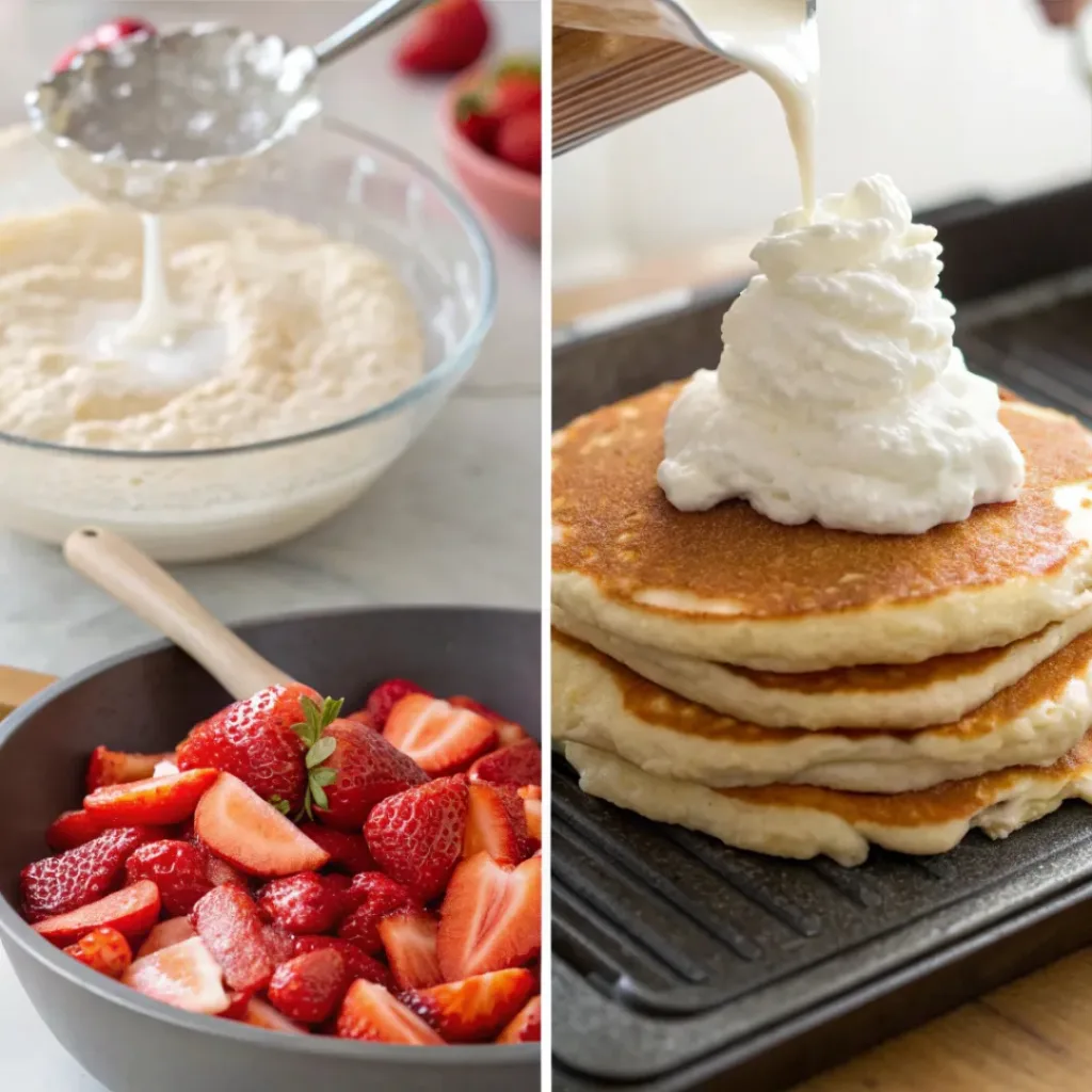 Strawberry Pancakes with Whipped Cream – Fluffy & Fresh 7 Step-by-step collage of making strawberry pancakes