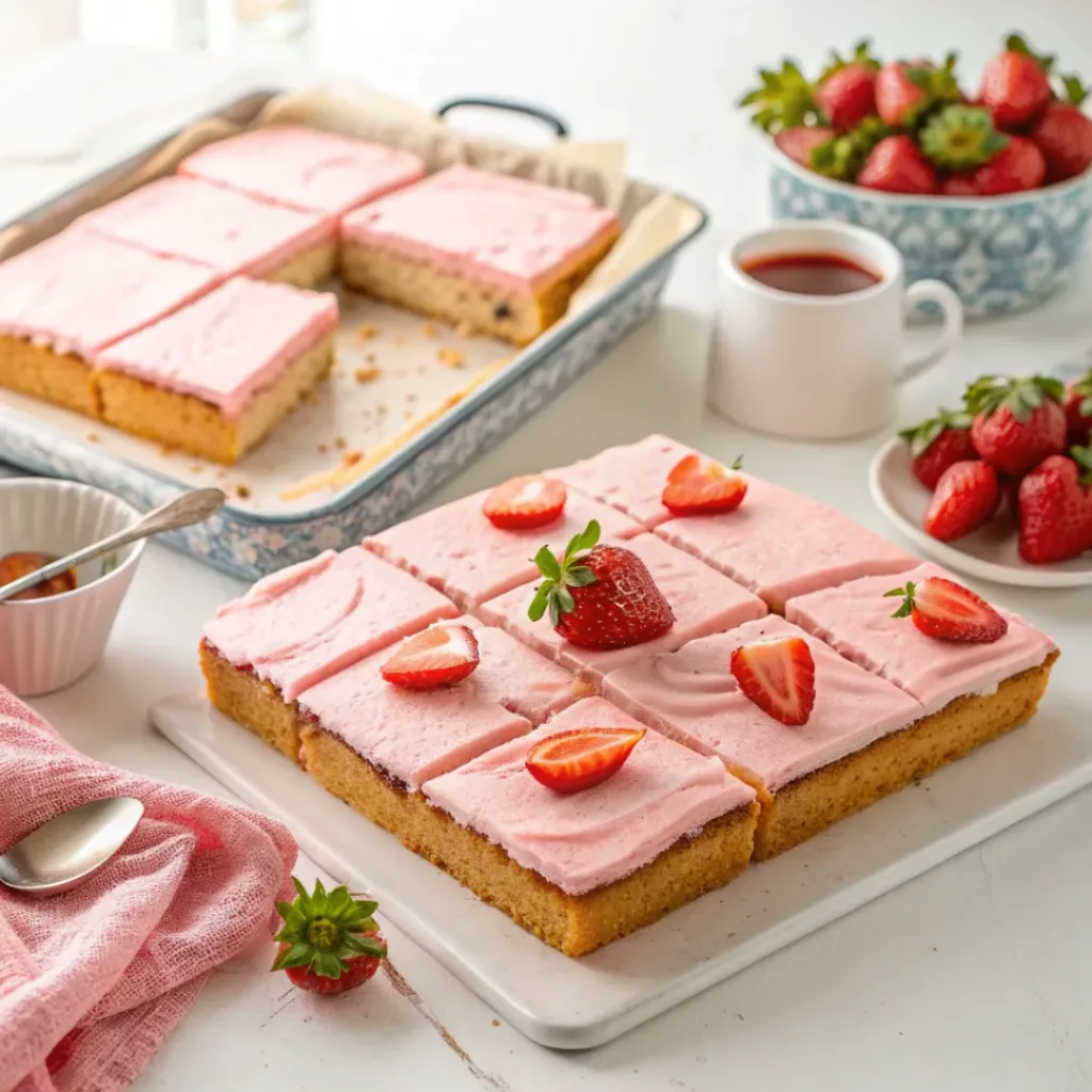 Strawberry sheet cake with creamy frosting and fresh strawberries