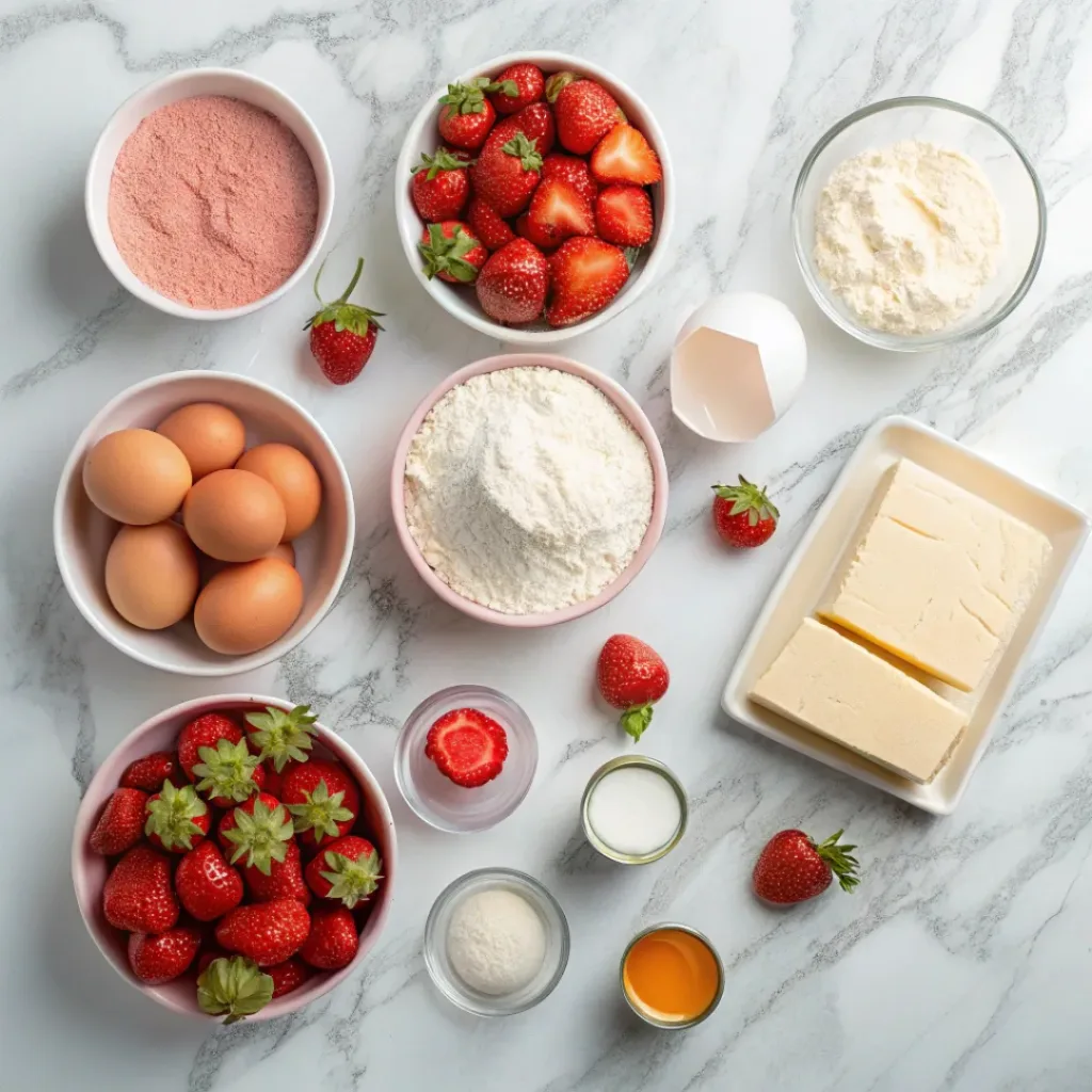 Strawberry Sheet Cake – Moist & Fruity Dessert 6 Flat lay of ingredients for strawberry sheet cake