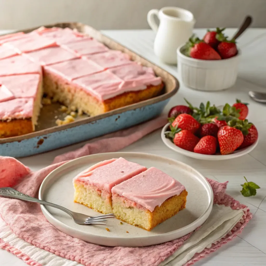 Strawberry Sheet Cake – Moist & Fruity Dessert 8 Strawberry sheet cake served with fresh strawberries