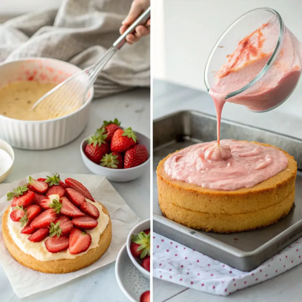 Strawberry Sheet Cake – Moist & Fruity Dessert 7 Step-by-step collage of making strawberry sheet cake