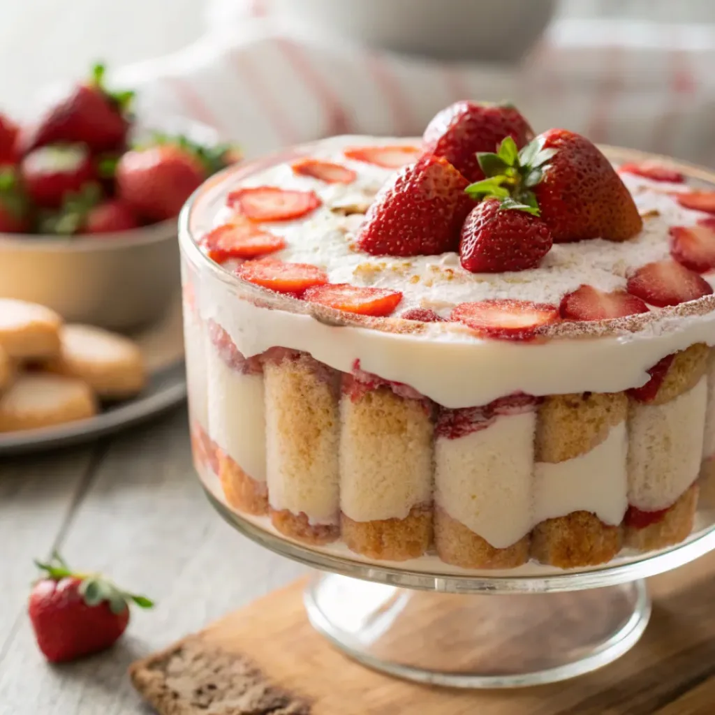 Strawberry tiramisu layered with mascarpone and strawberries