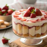 Strawberry tiramisu layered with mascarpone and strawberries