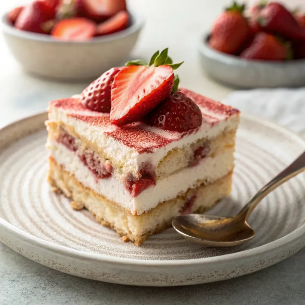 Slice of strawberry tiramisu dessert
