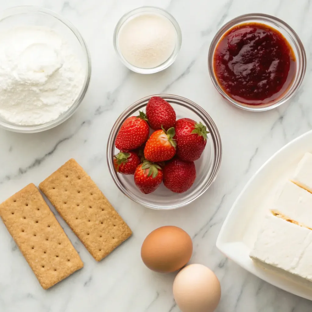 Flat lay of ingredients for strawberry cheesecake bars