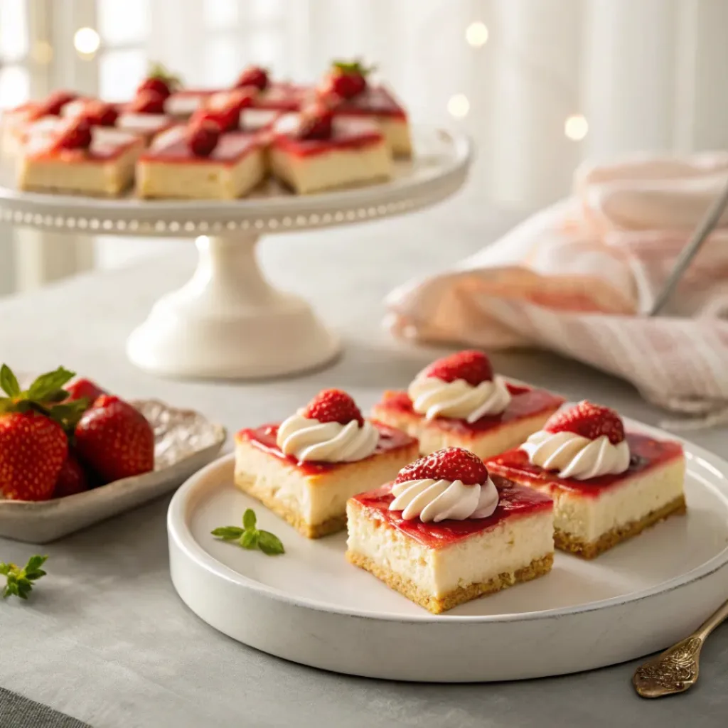 Strawberry cheesecake bars served with fresh strawberries