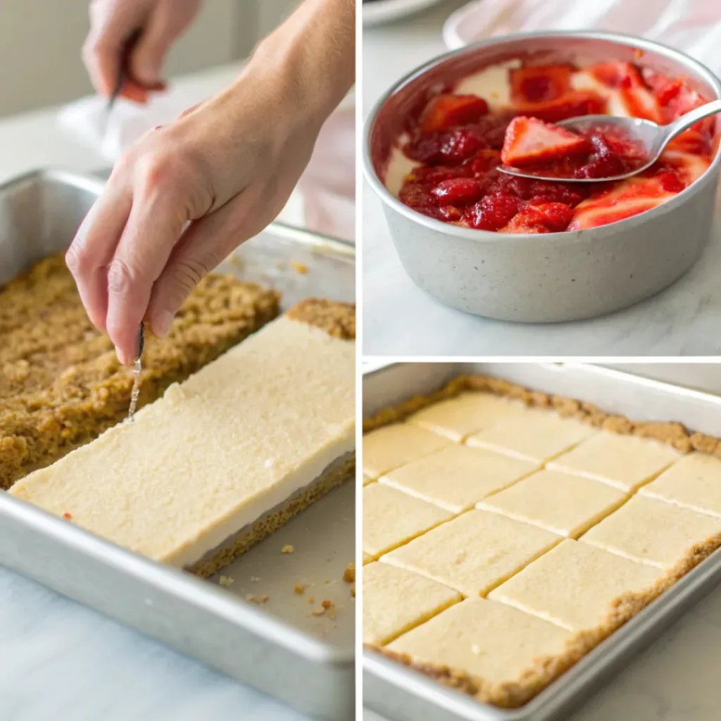 Step-by-step collage of making strawberry cheesecake bars