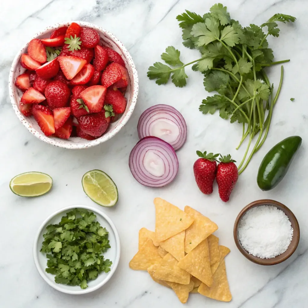 Strawberry salsa ingredients flat lay