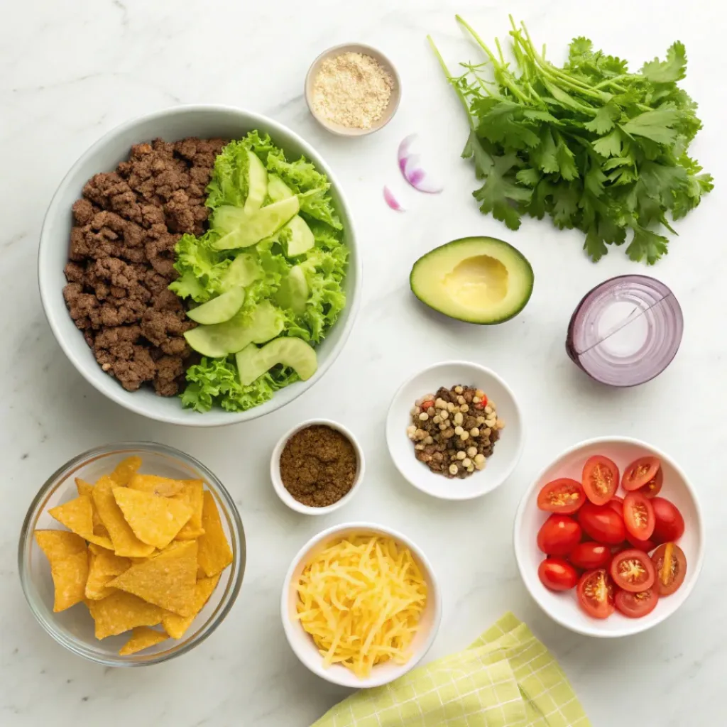 Easy Taco Salad – Fresh, Flavorful & Fast 6 Flat lay of ingredients for taco salad