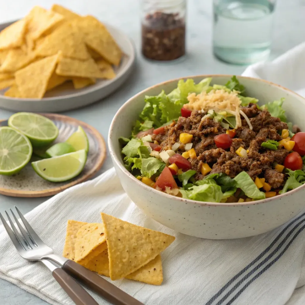 Easy Taco Salad – Fresh, Flavorful & Fast 8 Taco salad served with tortilla chips and lime wedges