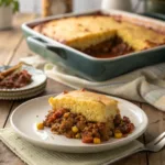 Tamale Pie slice with cornbread topping