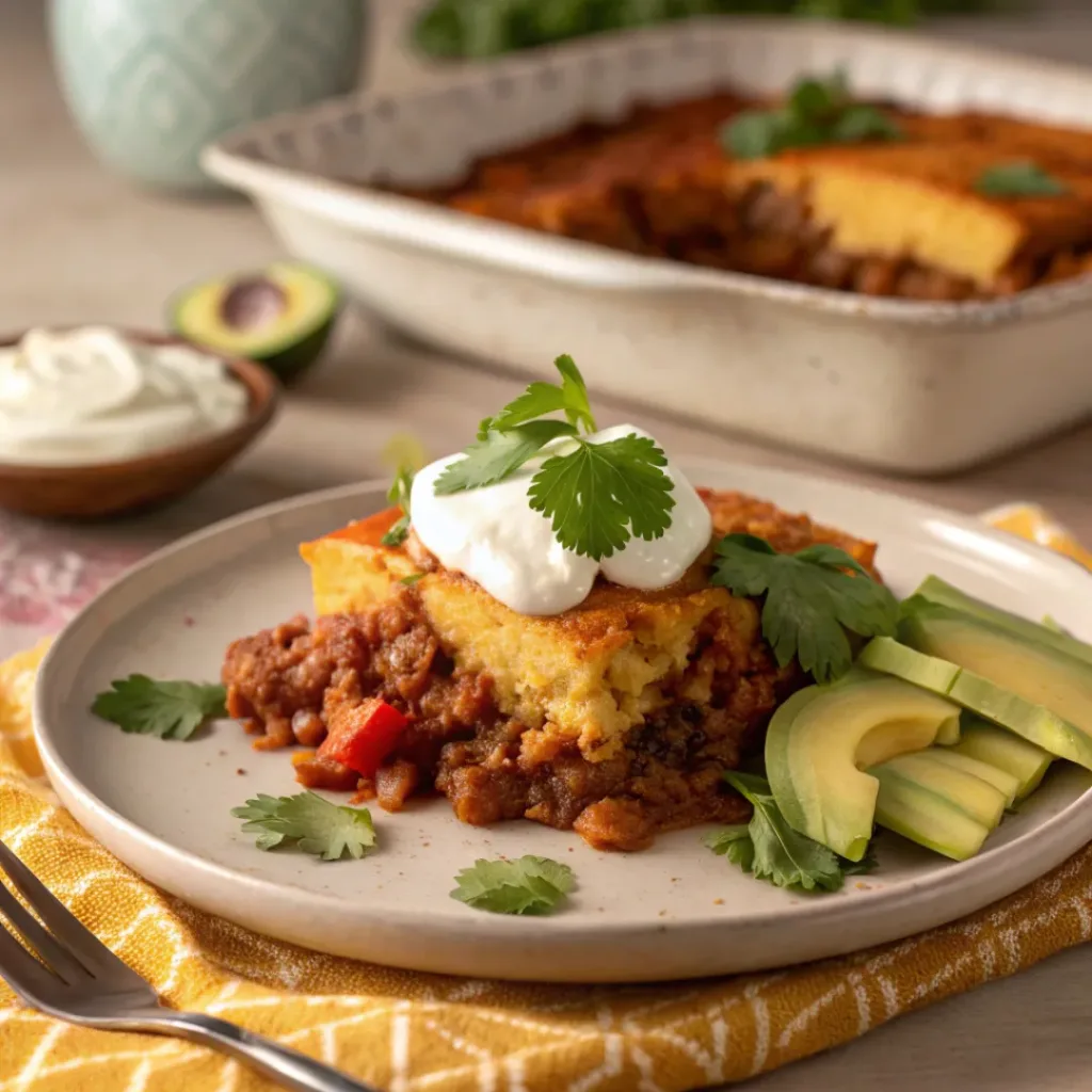 Tamale Pie – Easy One-Pan Comfort Dinner 8 Tamale Pie served with sour cream and avocado