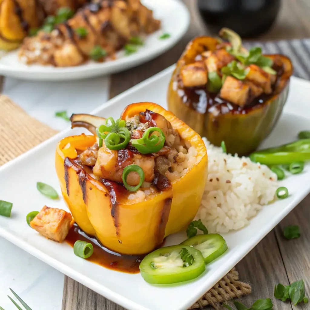 Served Teriyaki Pineapple Chicken and Rice Stuffed Peppers on plate