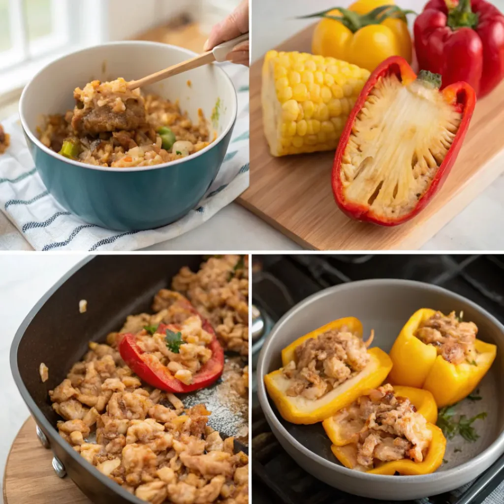Collage of making Teriyaki Pineapple Chicken and Rice Stuffed Peppers