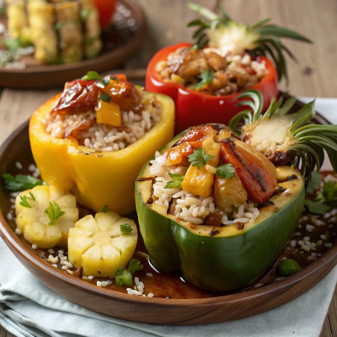 Colorful stuffed bell peppers with chicken, pineapple, and rice