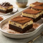 Close-up of layered Tiramisu Brownies dusted with cocoa powder