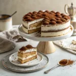 Tiramisu cake with mascarpone cream and cocoa powder