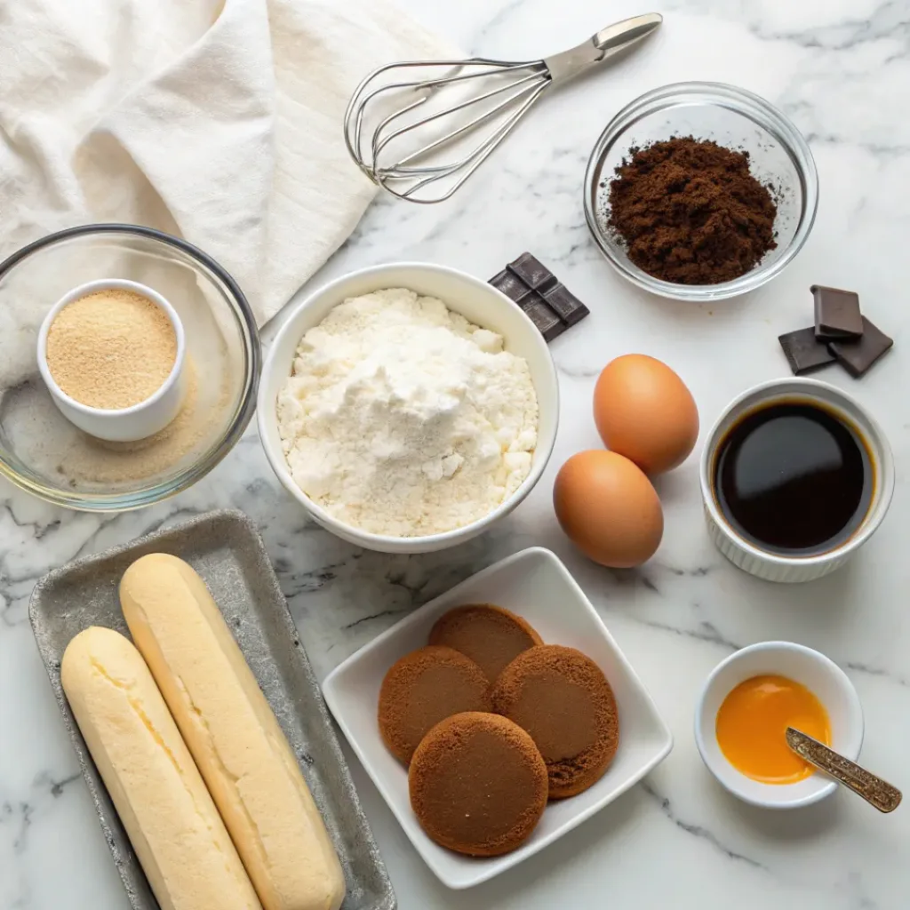 Tiramisu cake ingredients flat lay