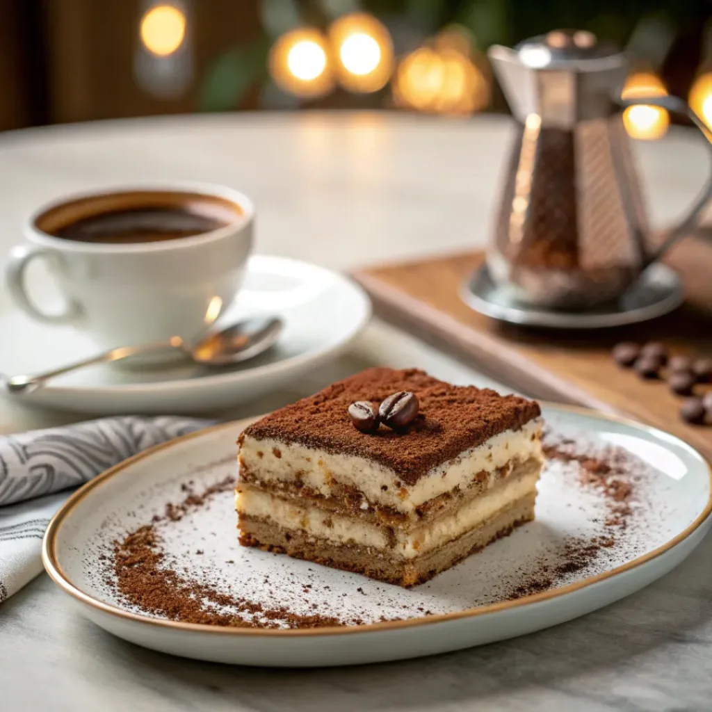 Slice of tiramisu cake served with coffee