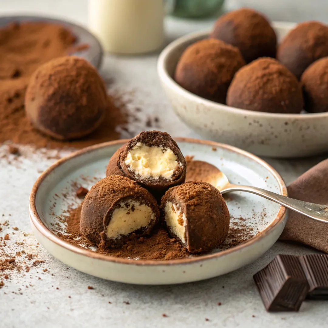 Served Tiramisu Truffles with creamy coffee filling visible
