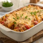 Tomato and Tuna Pasta Bake in a casserole dish
