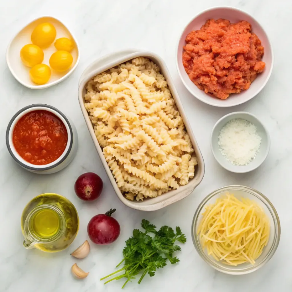 Tomato and Tuna Pasta Bake ingredients flat lay