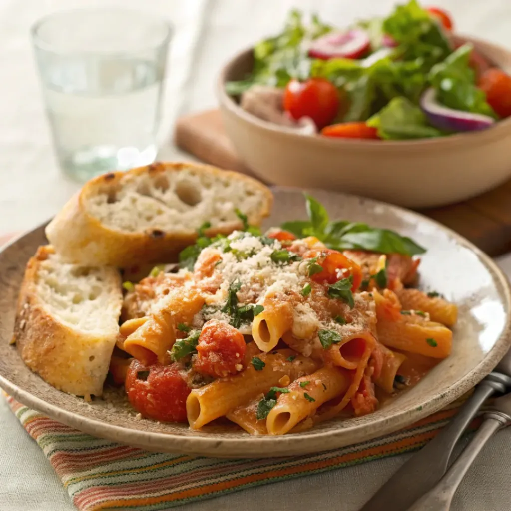 Tomato and Tuna Pasta Bake served with salad