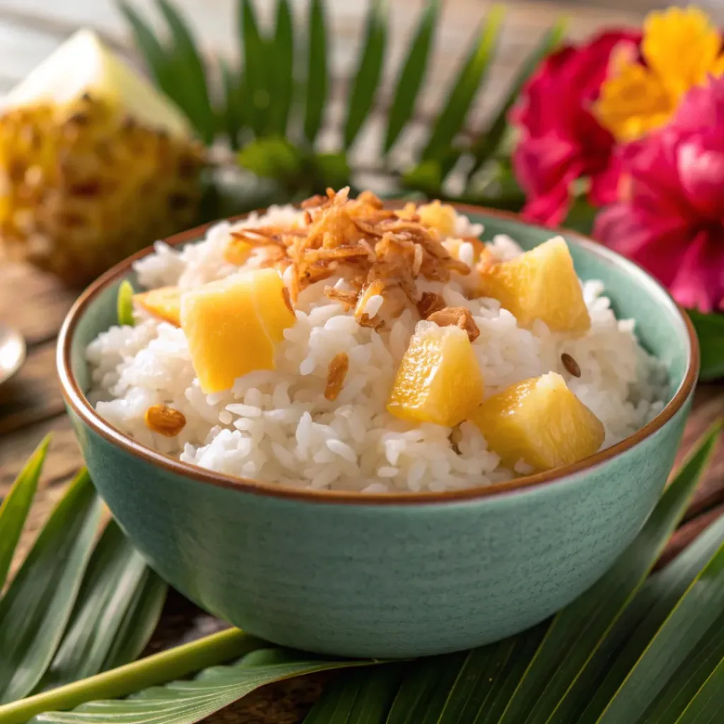 Tropical Coconut Pineapple Rice in a bowl with pineapple chunks