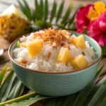 Tropical Coconut Pineapple Rice in a bowl with pineapple chunks